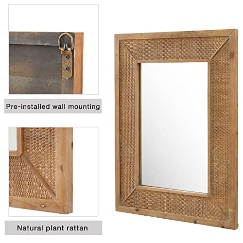 Rectangle Rattan Wall Mirror with Wooden Frame - Rustic and Boho Decor for Farmhouse, Bedroom, Living Room, Entryway