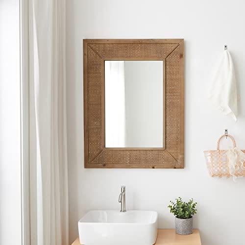 Rectangle Rattan Wall Mirror with Wooden Frame - Rustic and Boho Decor for Farmhouse, Bedroom, Living Room, Entryway
