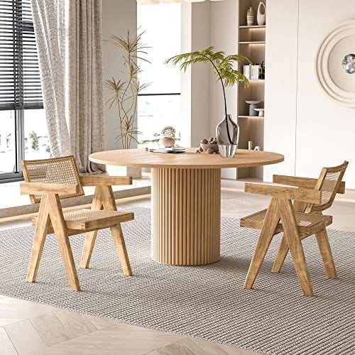 Round Dining Table -  Light Walnut Kitchen Table - Stylish T-Shaped Design - Easy Assembly & Versatile Usage