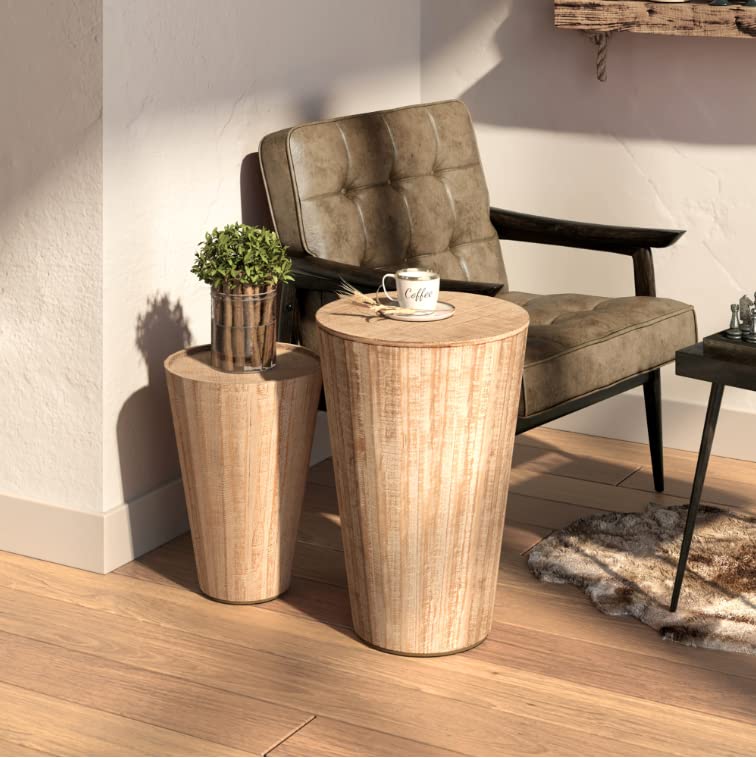 Round End Table Set of 2, Farmhouse Nesting Side Table with Storage and Distressed Finish for Living Room