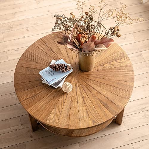 Round Natural Wood Coffee Table , Round Solid Wood Center Large Circle for Living Room