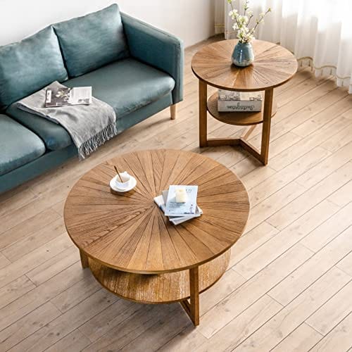 Round Natural Wood Coffee Table , Round Solid Wood Center Large Circle for Living Room