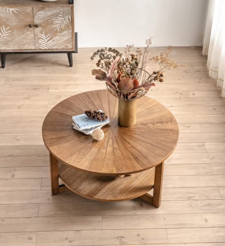 Round Natural Wood Coffee Table , Round Solid Wood Center Large Circle for Living Room