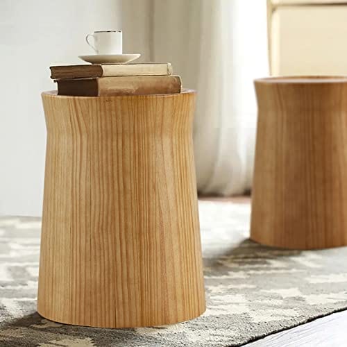 Round Pine Tree Wooden Stump End Table - Natural Edge Side Table, Small Coffee Table - Cottage Style with Tray Top in Beige - Perfect for Bohemian Home Decor