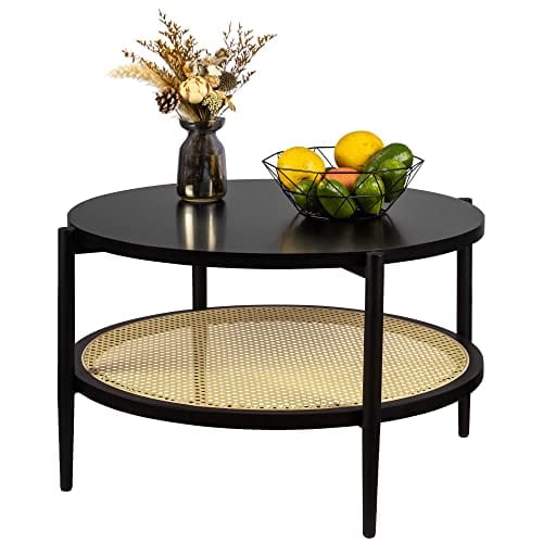 Round Rattan Coffee Table - Mid Century Modern Design, Engineered Wood, Black Center Table with Storage for Small Spaces, Home, and Cafe