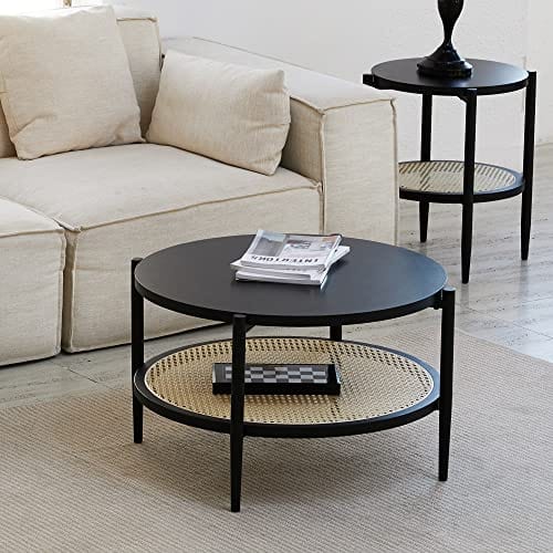 Round Rattan Coffee Table - Mid Century Modern Design, Engineered Wood, Black Center Table with Storage for Small Spaces, Home, and Cafe