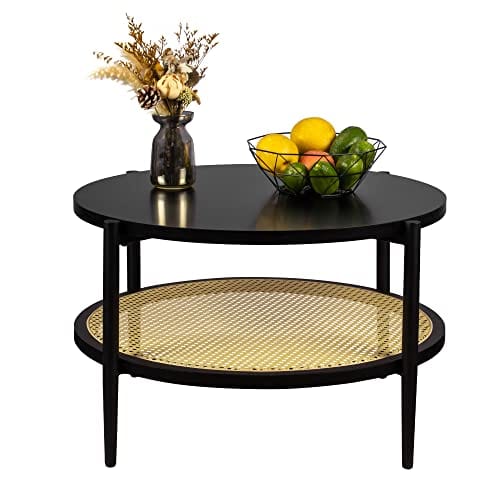 Round Rattan Coffee Table - Mid Century Modern Design, Engineered Wood, Black Center Table with Storage for Small Spaces, Home, and Cafe