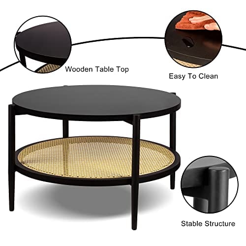 Round Rattan Coffee Table - Mid Century Modern Design, Engineered Wood, Black Center Table with Storage for Small Spaces, Home, and Cafe