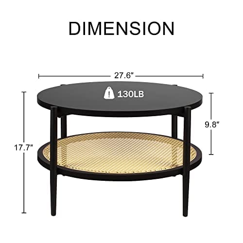 Round Rattan Coffee Table - Mid Century Modern Design, Engineered Wood, Black Center Table with Storage for Small Spaces, Home, and Cafe