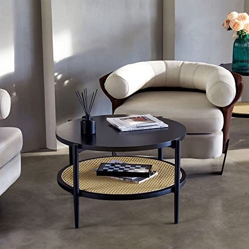 Round Rattan Coffee Table - Mid Century Modern Design, Engineered Wood, Black Center Table with Storage for Small Spaces, Home, and Cafe