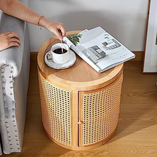 Round Side Table with 2-Layer Storage Shelves - Stylish and Functional - Walnut Color