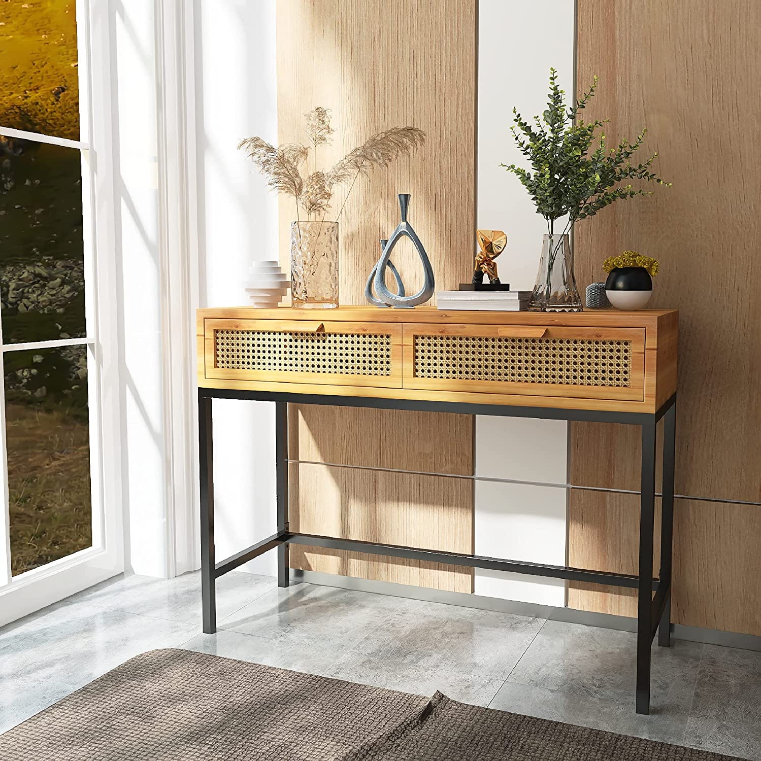 Rustic Console Table with 2 Drawers - Entryway Hallway Farmhouse Country Style, Natural Brown Finish