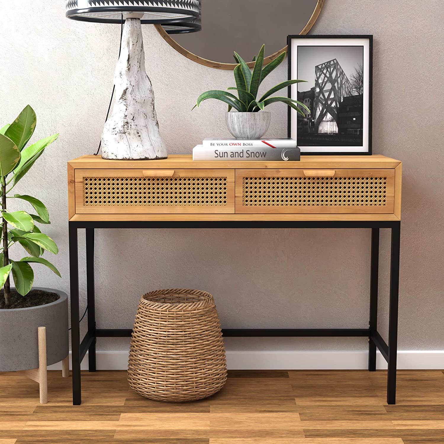 Rustic Console Table with 2 Drawers - Entryway Hallway Farmhouse Country Style, Natural Brown Finish