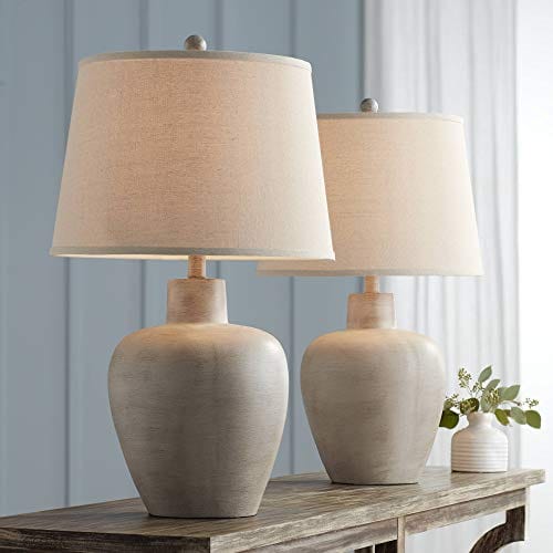 Rustic Elegance with a Set of 2 27" Tall Beige Table Lamps - Southwest Urn Design & Neutral Fabric Drum Shades - Perfect for Living Room and Bedroom