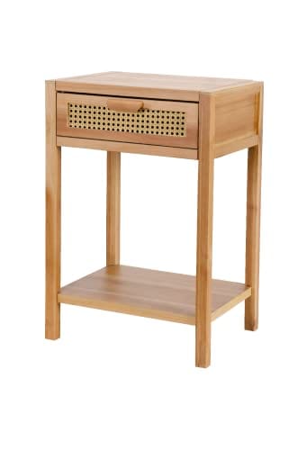 Rustic Farmhouse Nightstand - Modern Minimalist End Table with Woven Drawer, Shelf Storage, Natural Wood Finish