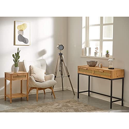 Rustic Farmhouse Nightstand - Modern Minimalist End Table with Woven Drawer, Shelf Storage, Natural Wood Finish