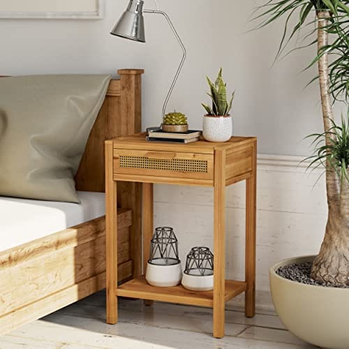 Rustic Farmhouse Nightstand - Modern Minimalist End Table with Woven Drawer, Shelf Storage, Natural Wood Finish