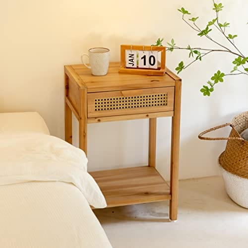 Rustic Farmhouse Nightstand - Modern Minimalist End Table with Woven Drawer, Shelf Storage, Natural Wood Finish