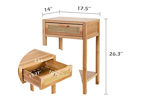 Rustic Farmhouse Nightstand - Modern Minimalist End Table with Woven Drawer, Shelf Storage, Natural Wood Finish