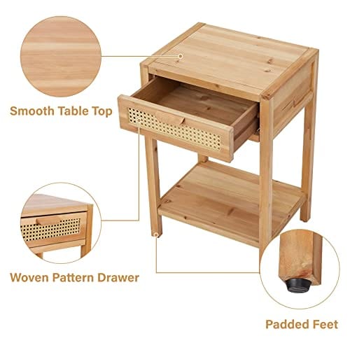 Rustic Farmhouse Nightstand - Modern Minimalist End Table with Woven Drawer, Shelf Storage, Natural Wood Finish