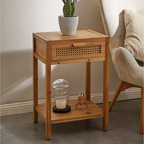 Rustic Farmhouse Nightstand - Modern Minimalist End Table with Woven Drawer, Shelf Storage, Natural Wood Finish