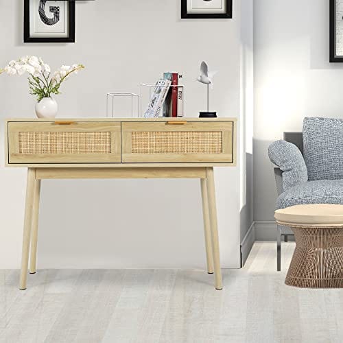 Rustic Natural Console Table with Drawers - Multifunctional Oak Narrow Sofa Table for Hallway and Living Room - Modern and Bohemian Accent Furniture - 39" Long