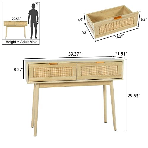 Rustic Natural Console Table with Drawers - Multifunctional Oak Narrow Sofa Table for Hallway and Living Room - Modern and Bohemian Accent Furniture - 39" Long