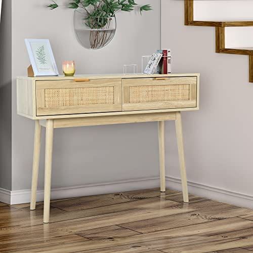 Rustic Natural Console Table with Drawers - Multifunctional Oak Narrow Sofa Table for Hallway and Living Room - Modern and Bohemian Accent Furniture - 39" Long