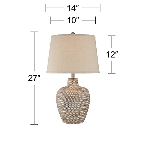 Rustic Oatmeal  Pot Table Lamps 27" Tall Set of 2 Dappled Sandy Beige Oatmeal Fabric Drum Shades for Living Room Bedroom House Bedside Nightstand Home Office