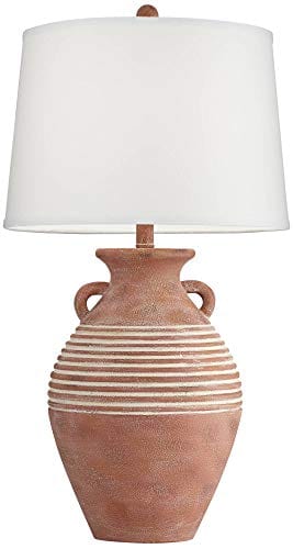 Rustic Red Brown Sandstone Jug Table Lamp - Southwestern Style Decor for Living Room, Bedroom, and More - Linen Drum Shade & On-Off Switch