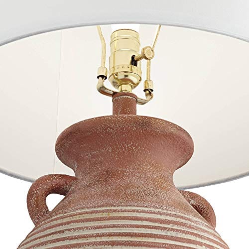 Rustic Red Brown Sandstone Jug Table Lamp - Southwestern Style Decor for Living Room, Bedroom, and More - Linen Drum Shade & On-Off Switch