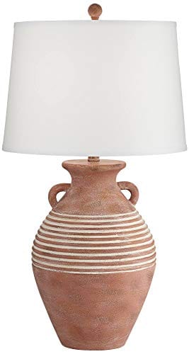 Rustic Red Brown Sandstone Jug Table Lamp - Southwestern Style Decor for Living Room, Bedroom, and More - Linen Drum Shade & On-Off Switch
