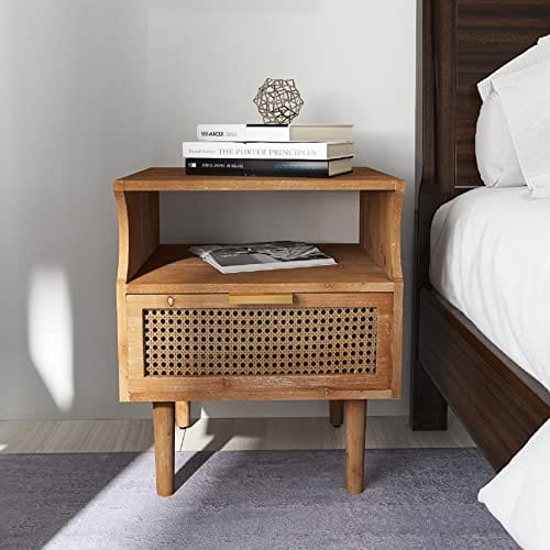 Rustic Woven Fronts Nightstand - Industrial Accent Bedside Table for Bedroom, Living Room - Distinctly Organic Feel with Essential Functionality