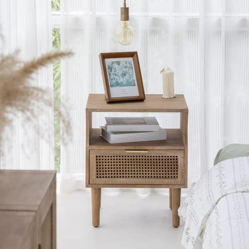 Rustic Woven Fronts Nightstand - Industrial Accent Bedside Table for Bedroom, Living Room - Distinctly Organic Feel with Essential Functionality