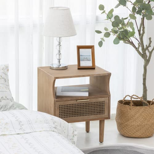 Rustic Woven Fronts Nightstand - Industrial Accent Bedside Table for Bedroom, Living Room - Distinctly Organic Feel with Essential Functionality