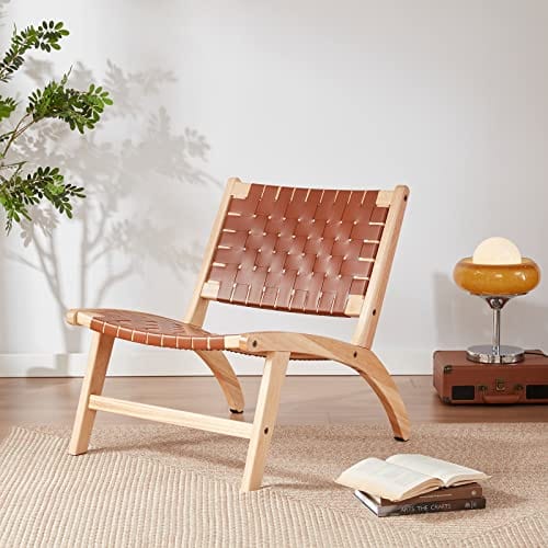 Scandinavian Style Brown Leather and Wood Arm Chair - Perfect for Boho and Nordic Home Decor