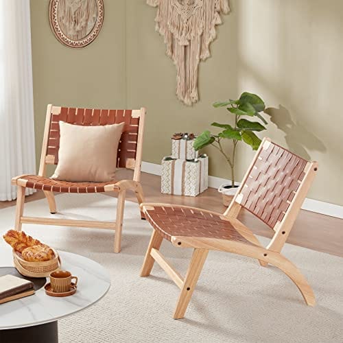 Scandinavian Style Brown Leather and Wood Arm Chair - Perfect for Boho and Nordic Home Decor