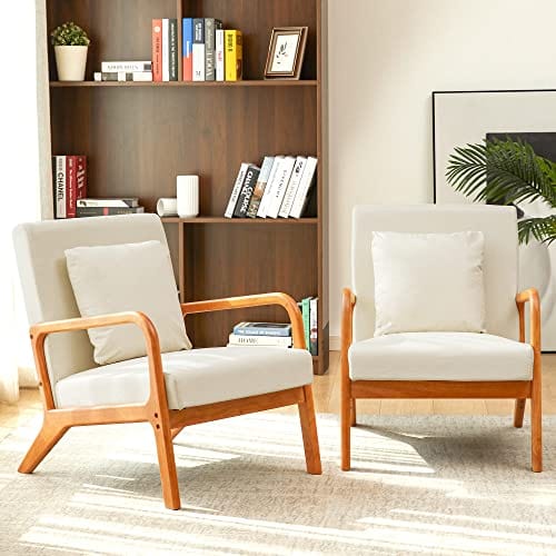 Set of 2 Accent Chair with Arms and Cushioned Seat, Sturdy Wood Frame, for Living Room, Bedroom, Office - Beige