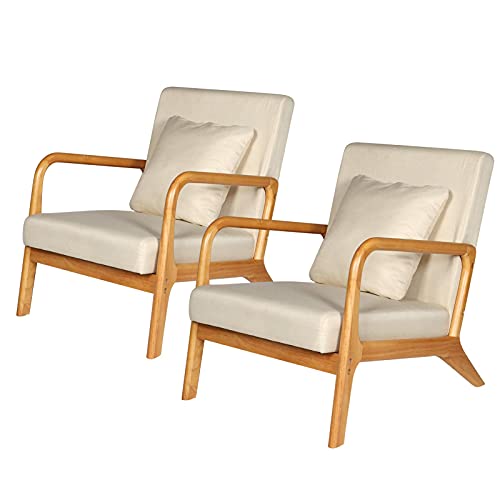 Set of 2 Accent Chair with Arms and Cushioned Seat, Sturdy Wood Frame, for Living Room, Bedroom, Office - Beige