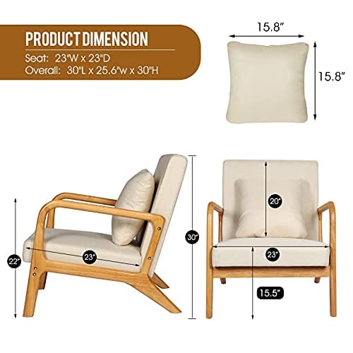 Set of 2 Accent Chair with Arms and Cushioned Seat, Sturdy Wood Frame, for Living Room, Bedroom, Office - Beige