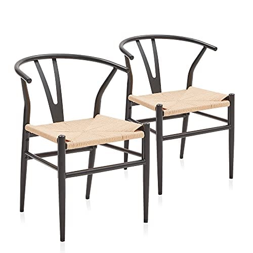 Set of 2 Black Kitchen Dining Room Chairs - Mid-Century Metal Backrest - Wishbone Design - Sorrento