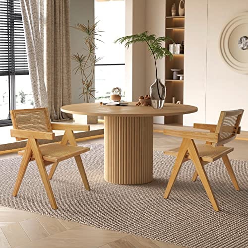 Set of 2 Boho Rattan Dining Chairs - Wooden Armchair Cane Kitchen Chairs with Arms - Light Walnut Color - Natural, Breathable, and Waterproof
