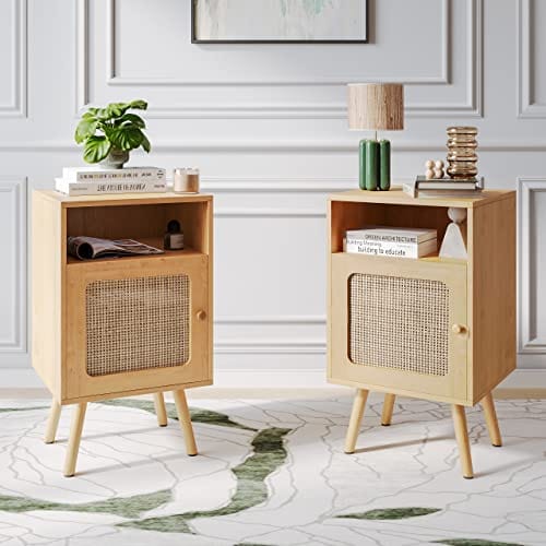 Set of 2 Boho Rattan Nightstand with Drawers - Modern Bedside Table with Ample Storage - Natural Rattan Finish