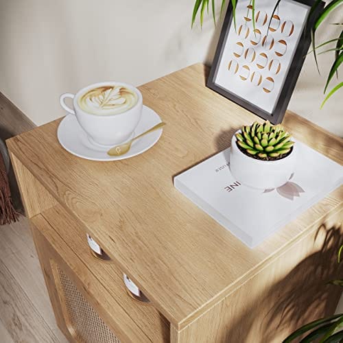 Set of 2 Boho Rattan Nightstand with Drawers - Modern Bedside Table with Ample Storage - Natural Rattan Finish