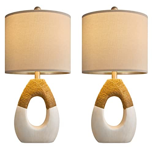 Set of 2 Boho Rattan Table Lamps - Coastal Egg Design Nightstand Lights for Bedrooms and Living Room