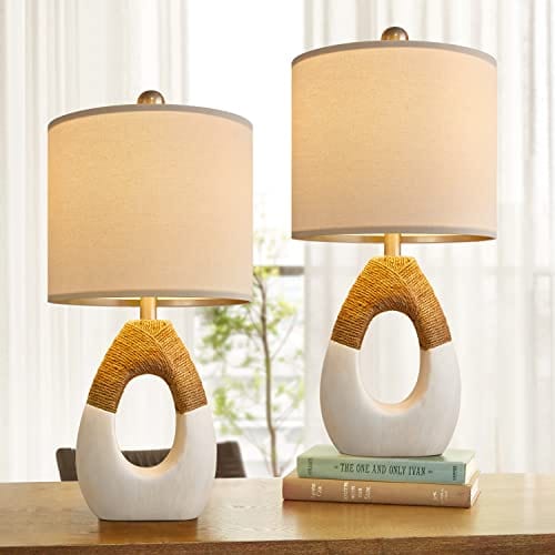 Set of 2 Boho Rattan Table Lamps - Coastal Egg Design Nightstand Lights for Bedrooms and Living Room