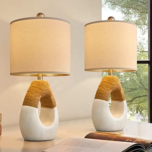 Set of 2 Boho Rattan Table Lamps - Coastal Egg Design Nightstand Lights for Bedrooms and Living Room