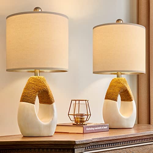 Set of 2 Boho Rattan Table Lamps - Coastal Egg Design Nightstand Lights for Bedrooms and Living Room