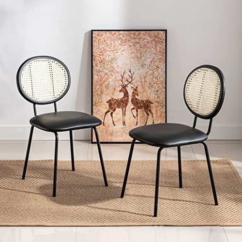 Set of 2  Modern Boho Faux Leather Dining Chairs | Rattan Backrest with Unique Bentwood Design | Stylish Upholstered Chairs for Dining Room, Coffee Bar, and More | Black