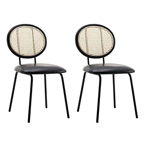 Set of 2  Modern Boho Faux Leather Dining Chairs | Rattan Backrest with Unique Bentwood Design | Stylish Upholstered Chairs for Dining Room, Coffee Bar, and More | Black